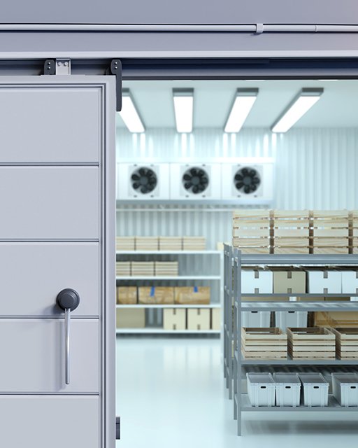 Kühlhaus mit geöffneter Schiebetür und Temperaturüberwachung