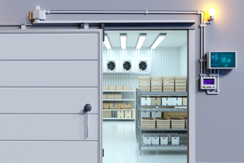 Kühlhaus mit geöffneter Schiebetür und Temperaturüberwachung